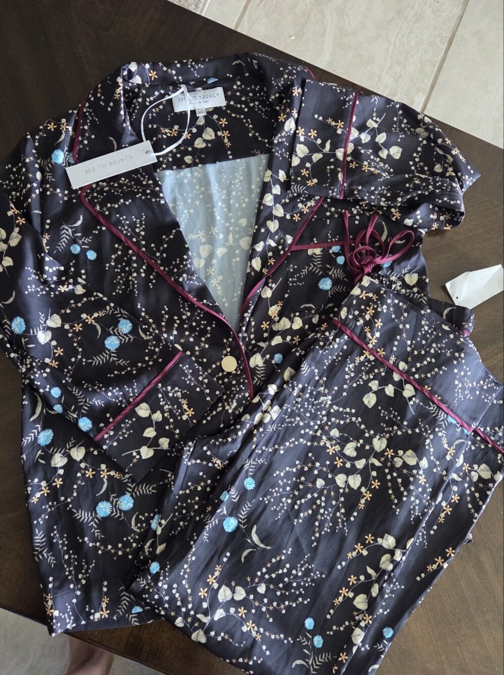 Floral Satin Pajama Set with Teal Blooms